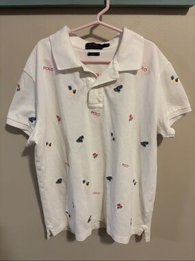 Polo Ralph Lauren Womens Small White All Over Multi Motif Embroidered Polo Shirt